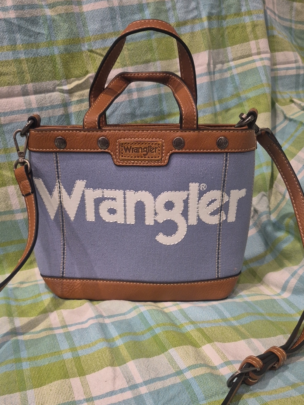 NWOT Wrangler Blue Canvas Crossbody with Brown Leather Trim